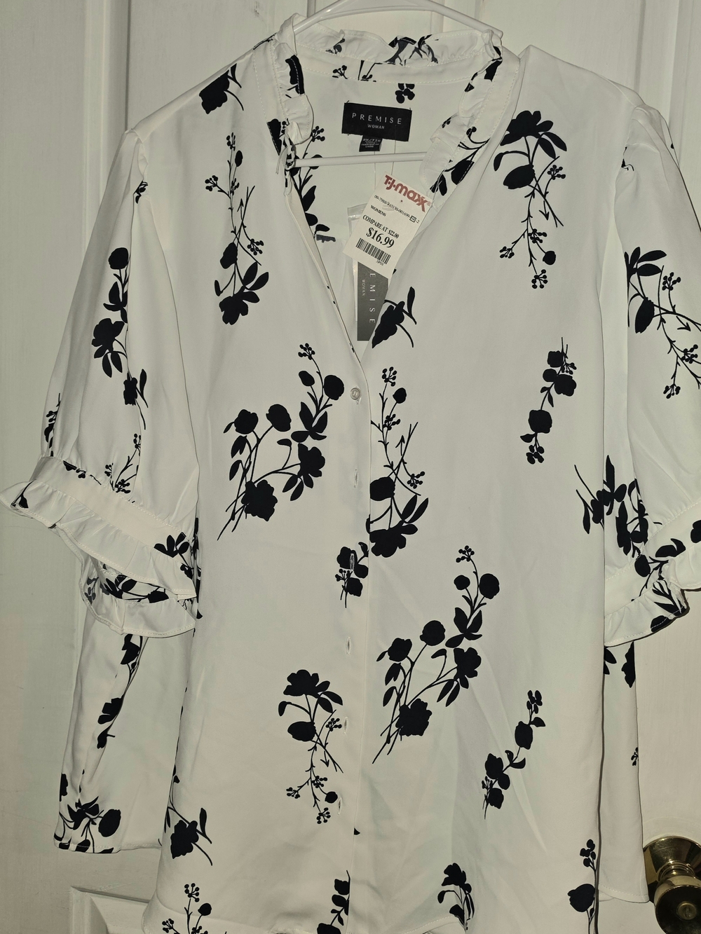 Premise White Button-Up Shirt with Black Floral Motif